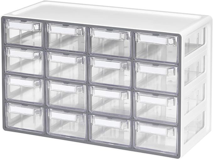 Blue Ginkgo Medium 16-Drawer Cabinet – Stackable Clear Organizer for Hardware, Beads, Plastic Bricks, Office, and Craft Storage (Made in Korea, Gray)