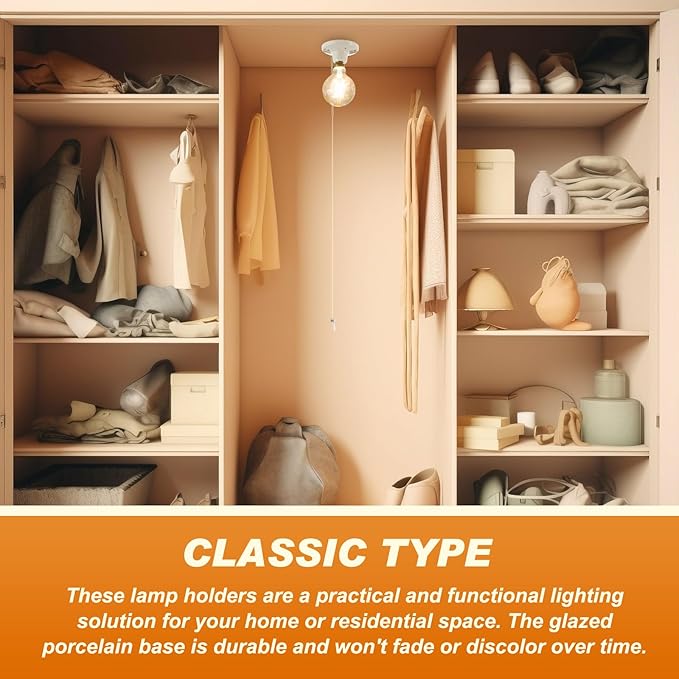 2 Pcs Porcelain Light Socket with Pull Chain White Bulb E27/E26 Socket Porcelain Outlet Box Mount Ceiling Light Fixture for Indoor Garage Closet Lighting