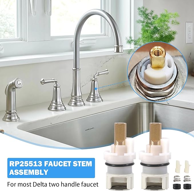 RP25513 Faucet Stem Assembly Compatible with Delta Two Handle Faucet Repair Kit with RP4993 Rubber Seat and Spring, Replacement Stems Cartridges for Delta Bathtub Shower Sink Bathroom Faucet, 2-PACK