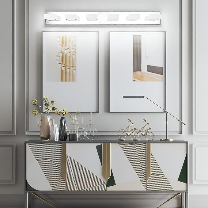 Ralbay LED Modern Chrome Vanity Lights 6 Lights Stainless Steel Acrylic Modern LED Bathroom Vanity Lights Over Mirror (4500K Neutral White Light)