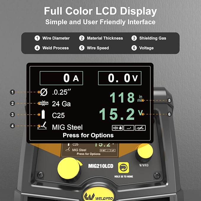 Weldpro 200 Amp MIG210LCD Dual Voltage 110V/220V 5 in 1 Multi-Process MIG/Fluxcore/Lift TIG/MMA Welder Aluminum Spool Gun Capable with Spot Timer and Auto-Set 3 Year Warranty Welding Machine