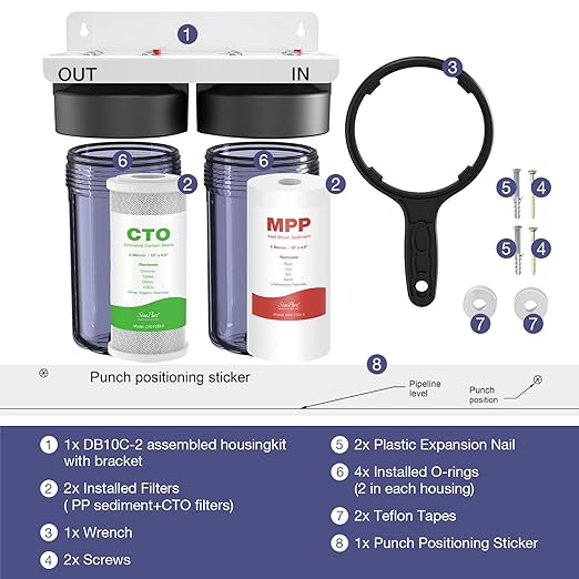 SimPure Whole House Water Filter System, 2 Stages Clear Home Water Pre-Filtration with Carbon and Sediment Filters, Reduce Odor, Chlorine, Taste, Iron, Lead, 1" NPT Brass Port, BPA Free(DB10C-2)