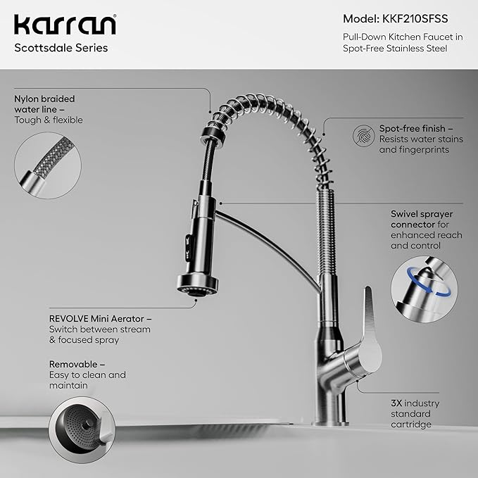 Karran Scottsdale Commercial Style Pull-Down Kitchen Faucet with Sprayer, Spot-Free Stainless Steel, High Arc Single Handle Pre-Rinse Spring Faucet