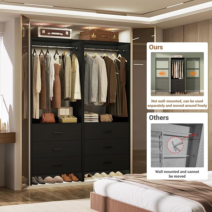 Aheaplus Closet System Closet Organizer, Wood Closet Organizer System, Walk-in Closet or Small Closets Wardrobe, Clothes Rack with Hanging Rods, 4FT Closets, Set of 2, Black