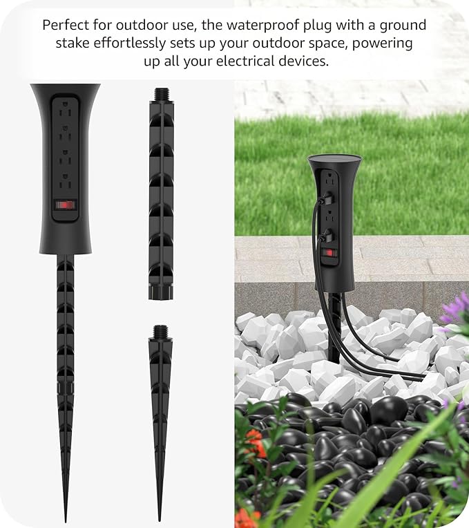 CCCEI Outdoor Power Strip Weatherproof with Stake, Waterproof Extension Cord with Multiple Outlets, Christmas Exterior Garden Decor, Yard, Camping, 4 Plugs, Surge Protector 25FT, Black.
