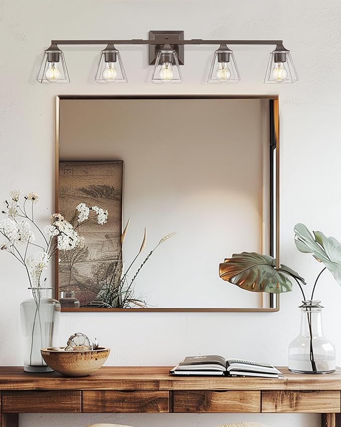Bronze Bathroom Light Fixtures, HWH 5-Light Farmhouse Bathroom Lighting Fixture Over Mirror, Vanity Wall Sconce Oil-Rubbed Bronze with Square Glass Shade, 5HY68B-5W ORB