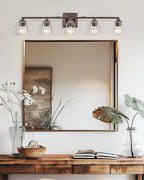 Bronze Bathroom Light Fixtures, HWH 5-Light Farmhouse Bathroom Lighting Fixture Over Mirror, Vanity Wall Sconce Oil-Rubbed Bronze with Square Glass Shade, 5HY68B-5W ORB