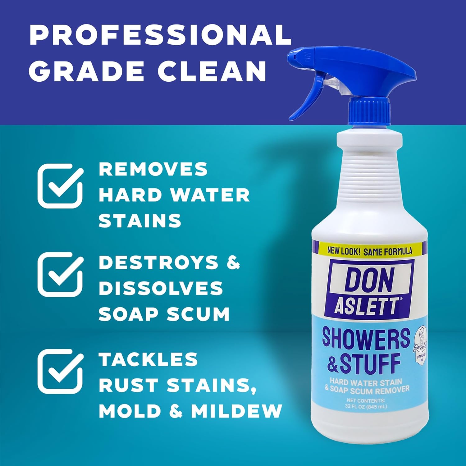 Don Aslett Showers and Stuff (32 Oz Spray Bottle, Pack of 2) Hard Water Stains and Soap Scum Remover | Cleans Bathroom Rust, Grout Tile Lines, Fiberglass Tub, Glass Shower Door Surfaces