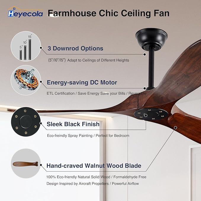 52" Walnut Wood Ceiling Fans,Outdoor Ceiling Fan without Light for Patios,3 Blade Small Propeller Fan Ceiling Mount for Outside Pergola,6 Speed Reversible Quiet DC Motor Fan for Bedroom