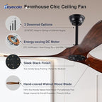 52" Walnut Wood Ceiling Fans,Outdoor Ceiling Fan without Light for Patios,3 Blade Small Propeller Fan Ceiling Mount for Outside Pergola,6 Speed Reversible Quiet DC Motor Fan for Bedroom
