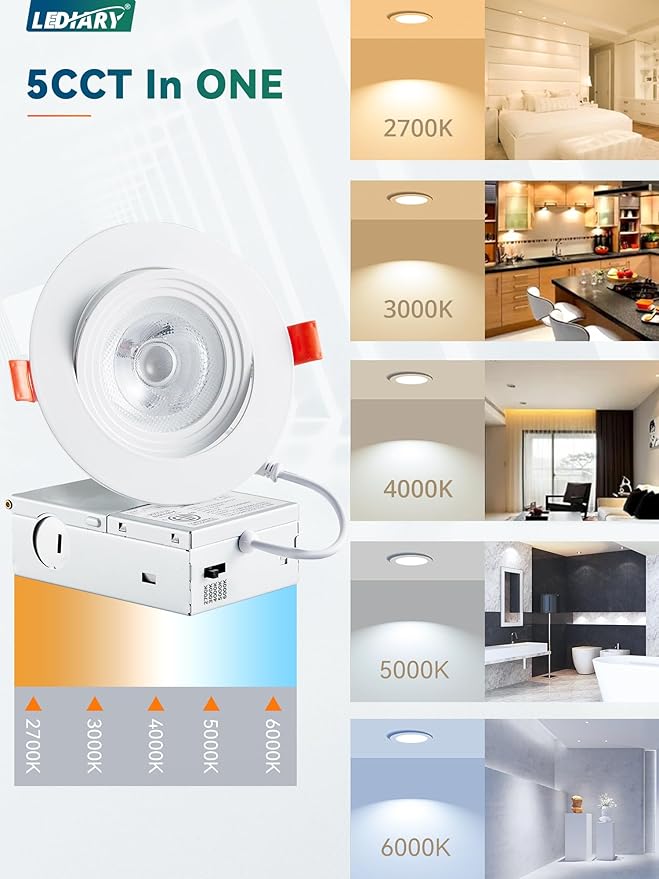 LEDIARY 12 Pack Gimbal LED Recessed Lighting 4 Inch, 5CCT Adjustable Recessed Light Slim Selectable 2700K-6000K,750LM Can Lights with Jbox,Canless Down Light Ceiling Light with IC Rated ETL Listed