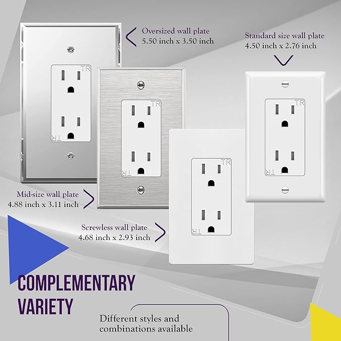 ENERLITES Decorator Receptacle, Wall Outlet with Wall Plate, Tamper-Resistant, Gloss Finish, Residential Grade, 3-Wire, Self-Grounding, 2-Pole, 15A 125V, UL Listed, 61501-TR-WWP, White (10 Pack)