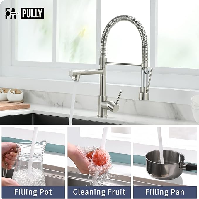 Fapully Pull Down Kitchen Faucet with Lock Sprayer,Single Handle Spring Stainless Steel Kitchen Sink Faucet Brushed Nickel