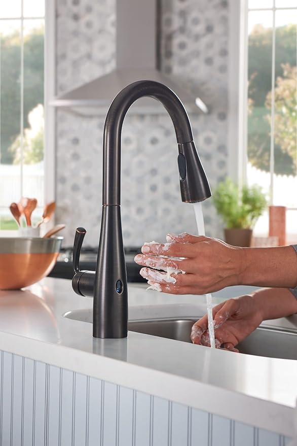 Moen Essie Mediterranean Bronze MotionSense Wave One-Handle Touchless Kitchen Faucet with Pulldown Sprayer and Soap Dispenser, 87014EWBRB