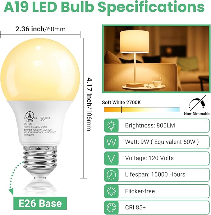 VOLIVO 12 Pack LED Light Bulbs, 60 Watt Equivalent A19 LED Bulb, Soft White 2700K, 9W E26 Standard Base, UL Listed 800 Lumens 120V, Non-Dimmable, Energy Saving Lightbulbs for Bedroom Indoor