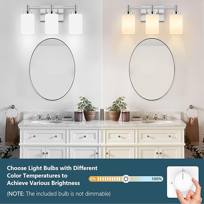 3-Light Brushed Nickel Bathroom Light Fixtures Over Mirror, Rustproof Brushed Nickel Vanity Light, Modern Bathroom Vanity Lights with Milky White Glass Shades, Wall Sconces for Bathroom Lighting