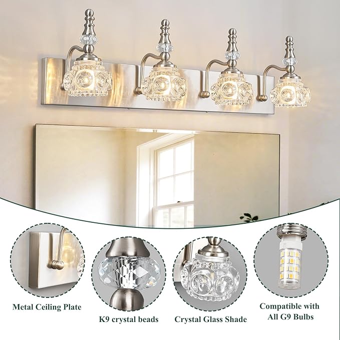 Modern Glass Crystal Vanity Light - Vintage Bathroom Lighting Fixtures Over Mirror, 4 Light Vanity Lights G9 Bulb (27.55 Inch, Nickel)