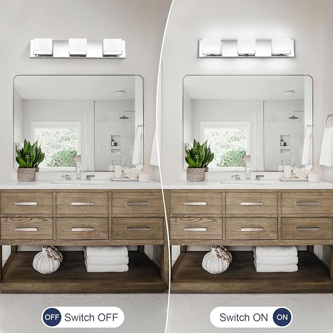 SineRise LED Modern Bathroom Vanity Light Fixtures (3-Light, 24-Inch, 6000K), Chrome Modern Acrylic Bathroom Wall Lighting Fixtures Over Mirror