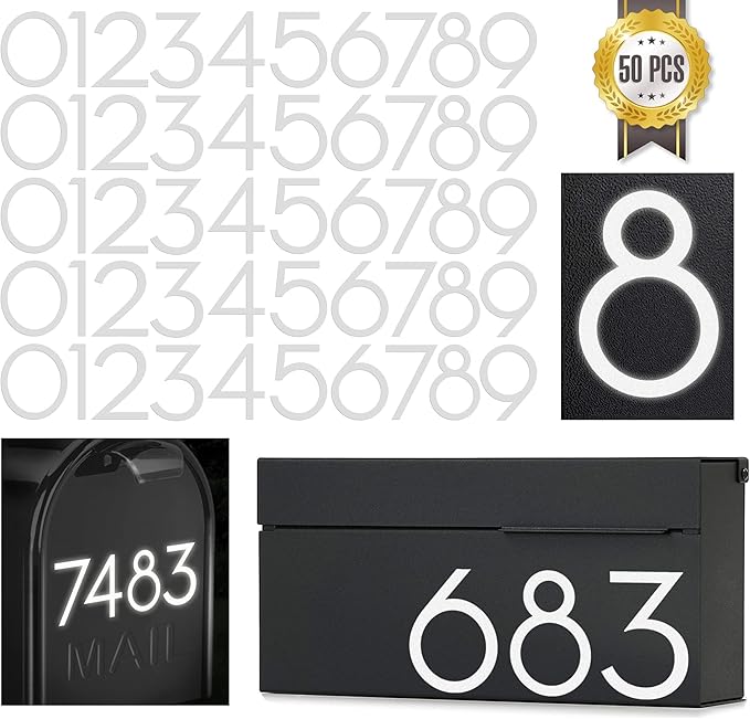 2 inch Reflective Mailbox Numbers Sticker (0-9, 5 Sets) Modern Number Vinyl Waterproof Number Self Adhesive Sticker for Signs, Door, Cars, Trucks, Home, Address Number