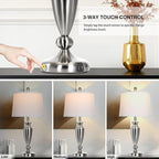 27" Silver Table Lamps for Living Room Single, 3 Way Touch Control Bedside Lamps with USB A+C Ports, Modern Brushed Nickel Bedroom Lamp, Metal Tall Lamp for Nightstand Desk Side Table Office