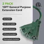 BN-LINK 2-Pack 10Ft Outdoor Extension Cord with 3 Outlets 16/3 SJTW Power Cord, 3-Prong Grounded Plug, for Landscaping & Holiday Decorations, ETL Listed