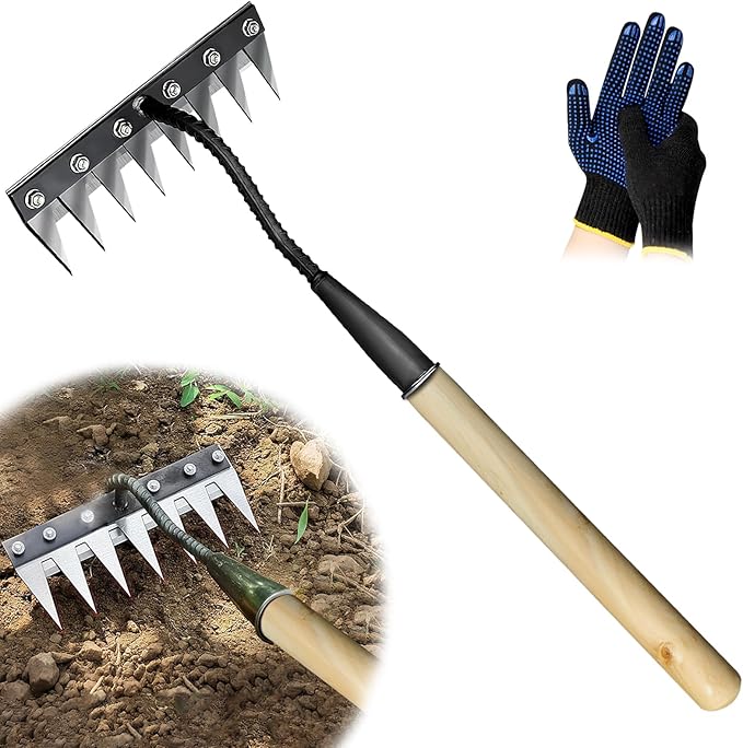 Upgraded Cultivator rake, Spray-Coated Rust-Proof Manganese Steel Weed rake, and 8-Tines Garden Weed Puller Tool with Wooden Handle — All for Lawn and Garden, Ideal gardinia uprooting Tool.