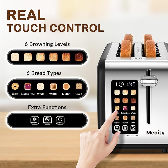 Mecity 4 Slice Toaster with Touchscreen Long Slot, Stainless Steel Smart Bread Toaster for Bagel Muffin Waffle Gluten Free Breads, Timer, Defrost, Reheat, 120V 1400W