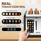 Mecity 4 Slice Toaster with Touchscreen Long Slot, Stainless Steel Smart Bread Toaster for Bagel Muffin Waffle Gluten Free Breads, Timer, Defrost, Reheat, 120V 1400W