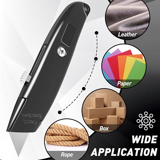 DIYSELF 4 Pack Box Cutter, Utility Knife, with 10 Extra SK5 Blades, Aluminum Shell Box Cutter Retractable for Papers, Cardboard, and Cartons, Razor Knife, Box Opener (Red, Blue, Yellow, Black)