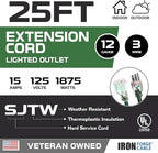 IRON FORGE CABLE 12 Gauge Extension Cord 25 Ft Lighted End - 12 AWG Heavy Duty Extension Cord with 3 Prong, Industrial Grade Green Outdoor Cable 12/3 SJTW for Major Appliances & HVAC, US Veteran Owned