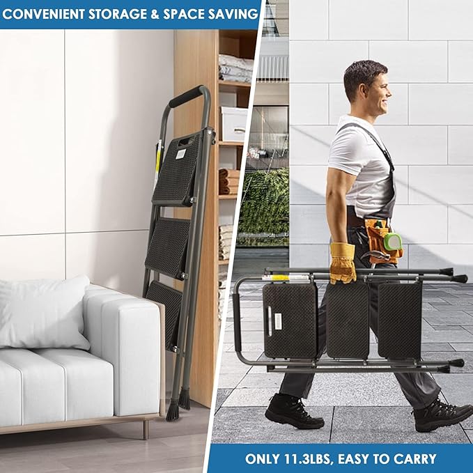 3 Step Ladder, GOLYTON Folding Step Stool with Anti-Slip Wide Pedal & Convenient Handgrip, 500lbs Capacity Steel Ladder for Household and Office, Grey