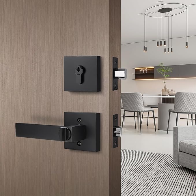 2 Pack Keyed Entry Door Lever and Double Cylinder Deadbolt Set, Keyed Alike Reversible Lockset, Matte Black Square Interior/Exterior Handleset for Bedroom, Front Door