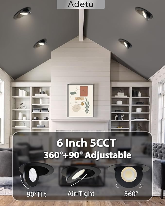 Adetu Recessed Lighting 6 inch, 360°+90° Adjustable Directional 6 inch 5CCT Gimbal Black Led Recessed Light, 2700K-5000K Dimmable Retrofit Eyeball Can Recessed Lights with Jbox, ET (Black,1 Pack)