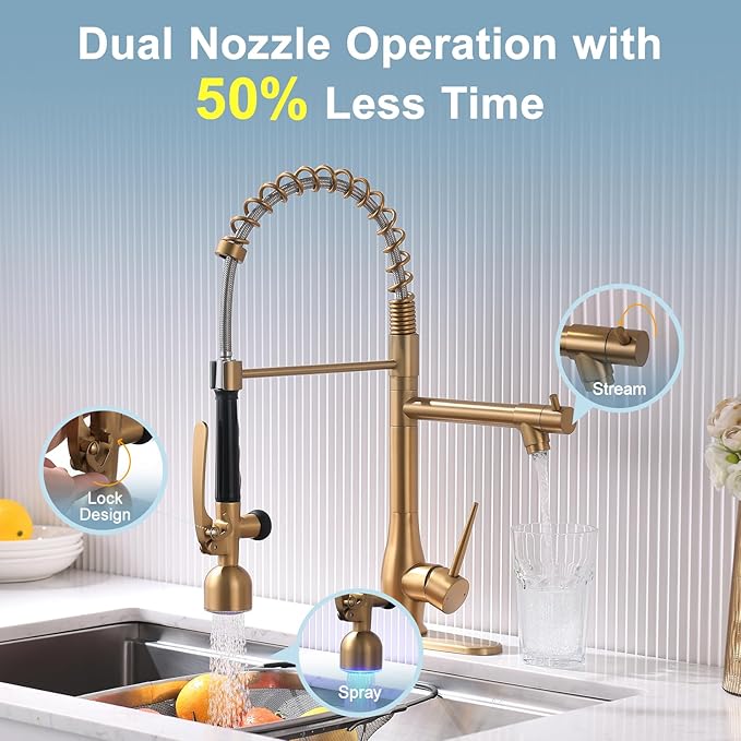 GIMILI Gold Kitchen Faucet with LED Single Handle Kitchen Sink Faucet with Pull Down Sprayer Commercial Double-Headed Stainless Steel Kitchen Faucets Sink with Deck Plate