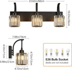3-Light Crystal Vanity Light, Modern Black Bathroom Wall Sconce with K9 Crystal Shades, 23.62" Long Over Mirror Lighting for Vanity, Makeup, Hallway, Elegant & Durable