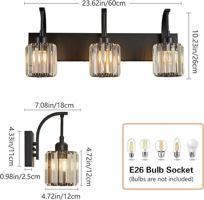 3-Light Crystal Vanity Light, Modern Black Bathroom Wall Sconce with K9 Crystal Shades, 23.62" Long Over Mirror Lighting for Vanity, Makeup, Hallway, Elegant & Durable