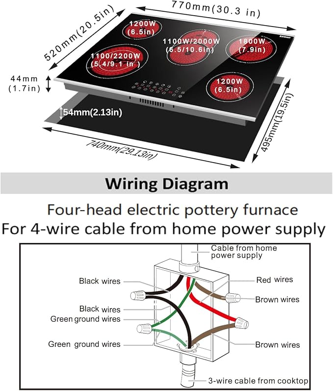 Karinear 30 Inch Electric Cooktop 30 Inch 5 Burners Electric Stove Ceramic Cooktop, Drop-in Electric Radiant Cooktop with Front and Back Metal Frame, Lock, Timer, 8400W, 220-240V, Hard Wire, No Plug