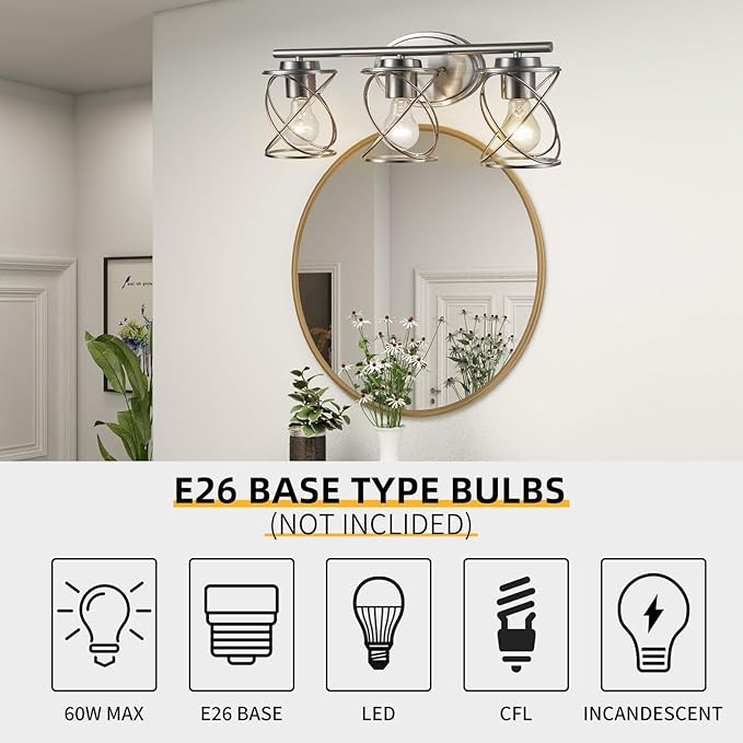 Mavcadonf Modern Vanity Lights with Cage Shade, 3 Lights Over Mirror, Brushed Nickel Bathroom Wall Lamp