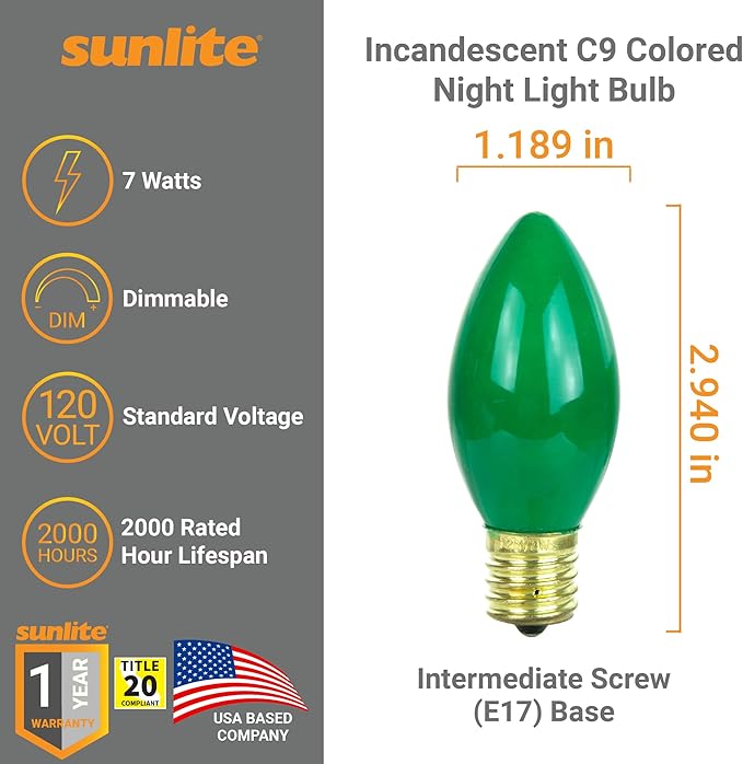Sunlite 01295-SU Incandescent C9 Colored Bulbs, Holiday Decorative Bulb 7 Watts, E17 Intermediate Base, Christmas-Lights Nightlight, Title 20 Approved, Green, 25 Count