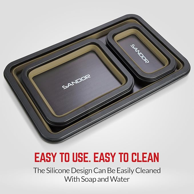 Collapsible Magnetic Parts Tray Set - 3 Different Size Tool Trays for Screw, Bolts, Nuts, Washers, Pins and Other Small Metal Parts, Mechanic Tool Gifts for Men - Khaki