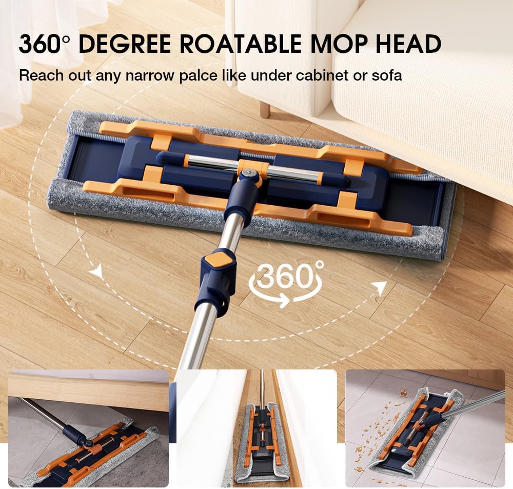 18" Microfiber Flat Mops for Floor Cleaning, Commercial Dust Mop for Hardwood Floors with Stainless Steel Handle - 6 Reusable Flat Mop Refills and 1 Dirt Removal Scrubber Included