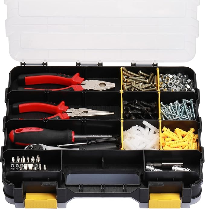 EMENTOL 2PCS Double Side Tool Organizer with Customizable/Removable Plastic Dividers, Hardware Box Storage for Screws, Nuts, Nails, Bolts, 34-Compartment, Black/Yellow