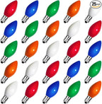 25 Pack C7 Multicolor Christmas Replacement Bulbs,C7 E12 Candelabra Base,Vintage Ceramic Glass Lights,120V 5W Incandescent Night Light Bulbs for Patio, Roofline, Garden, Wedding, Party Decorations
