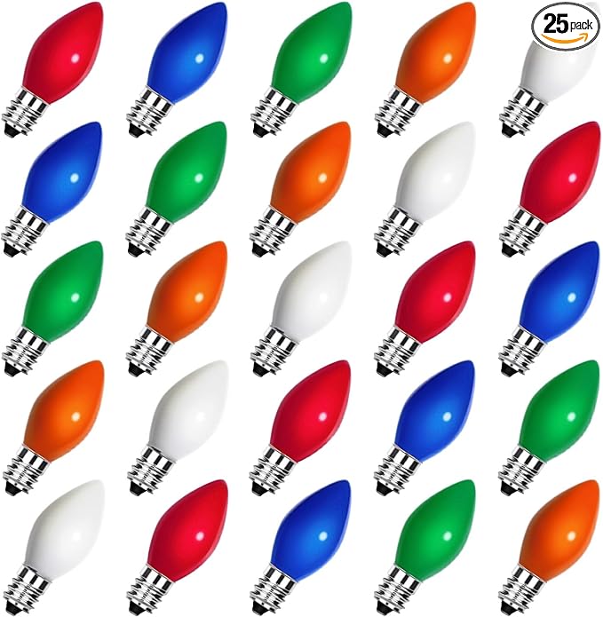 25 Pack C7 Multicolor Christmas Replacement Bulbs,C7 E12 Candelabra Base,Vintage Ceramic Glass Lights,120V 5W Incandescent Night Light Bulbs for Patio, Roofline, Garden, Wedding, Party Decorations