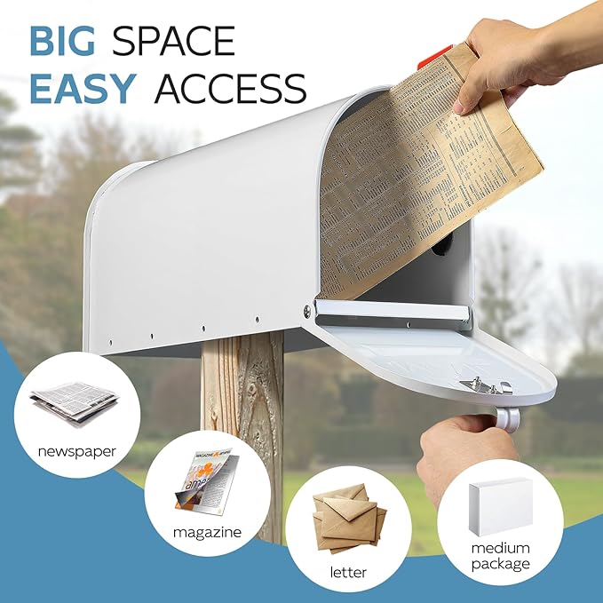 Metal Mailboxes Post Mount, Galvanized Steel Outside Mail Box, Standard Medium Capacity, 20 x 8.7 x 6.7 Inches, White