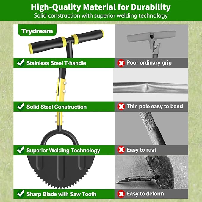 Lawn Edger Tool, Half Moon Tooth Edger with T-Grip Handle, 40-Inch Long Handled Sidewalk Grass Edger for Precise Lawn Edging and Land scaping