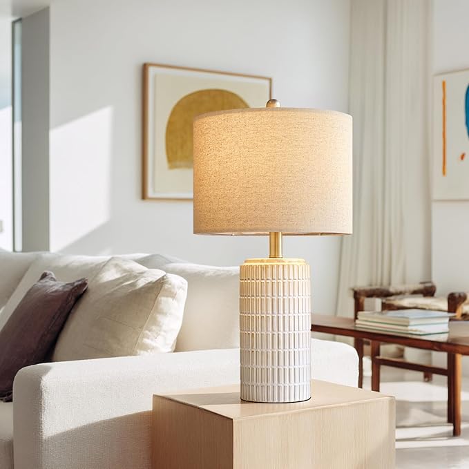 PoKat 24" Modern Ceramic Table Lamps Set of 2 for Bedroom, White Bedside Lamps for Night Stands, Farmhouse Desk Decor Nightstand Table Lamps for Living Room End Table Beige