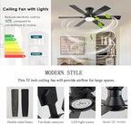 52inch Low Profile Ceiling Fan with Light and Remote/APP Control, LED Dimmable DC ReversibleModern, Flush Mount,6 Blade,Black Ceiling Fan for Bedroom Living Room/Outdoor Use