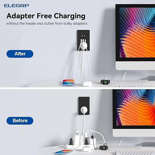 ELEGRP USB Outlets Receptacles, 3-Port Wall Outlet, 30W 6.0A Electrical Outlet, 15 Amp Tamper-Resistant Outlet with Type C Ports, UL Listed, Wall Plate Included, 1 Pack, Matte Black