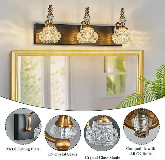 Bathroom Light Fixtures, Modern Glass Crystal Vanity Light Vintage Bathroom Lighting Fixtures Over Mirror 3 Light Vanity Lights G9 Bulb (19.68 Inch, Black Gold)